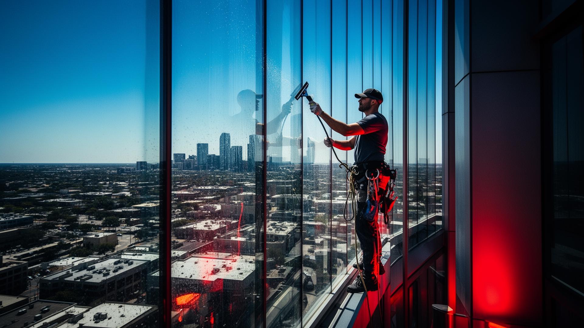 High-rise window cleaning over downtown San Antonio