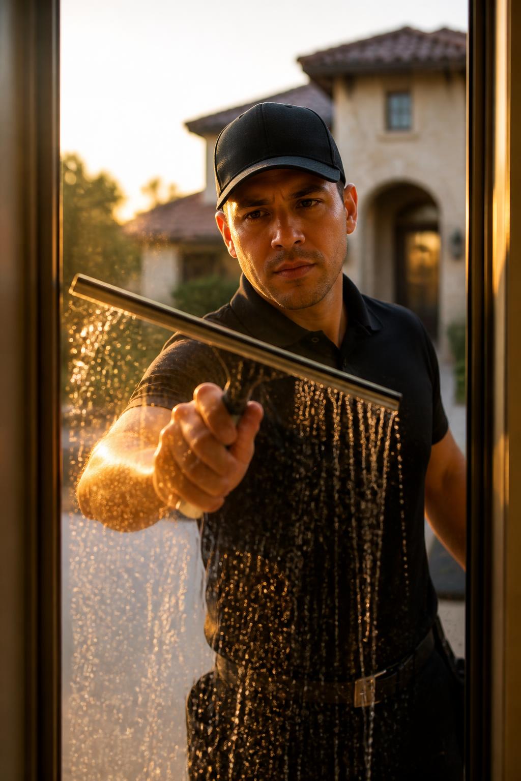 Professional window cleaner squeegeeing a residential window in San Antonio